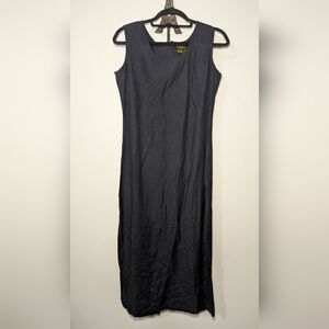 Allure Vintage Midi Dress Black Flax Blend Scandinavian Back Slit Women's Size S
